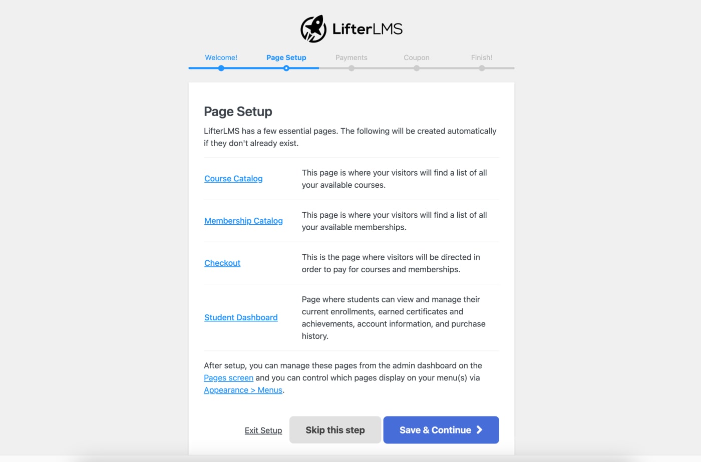 LifterLMS setup wizard with required pages