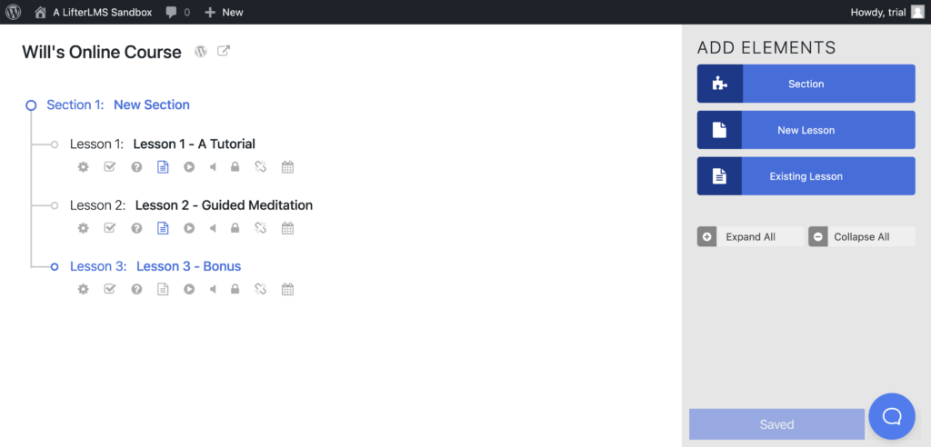 LifterLMS Course Builder Sections and Lessons