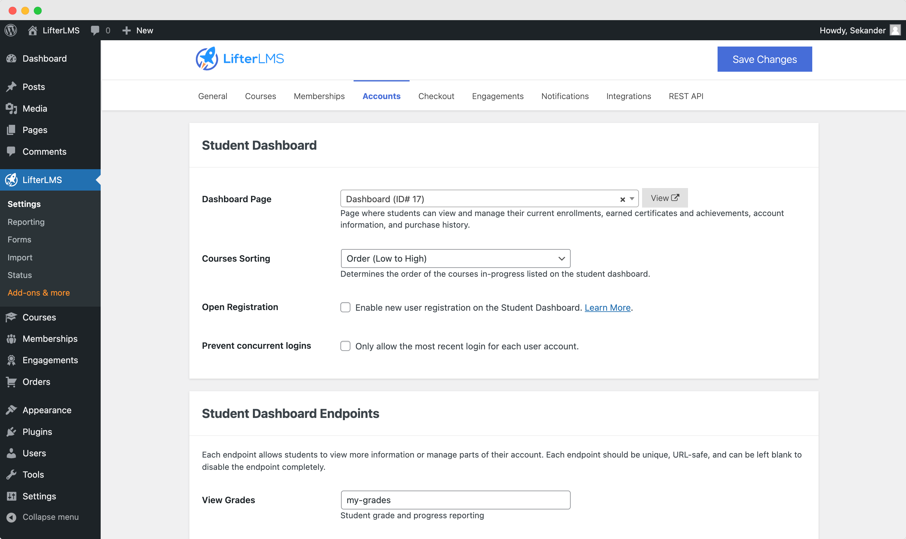 LifterLMS Account Settings Configuration Screen