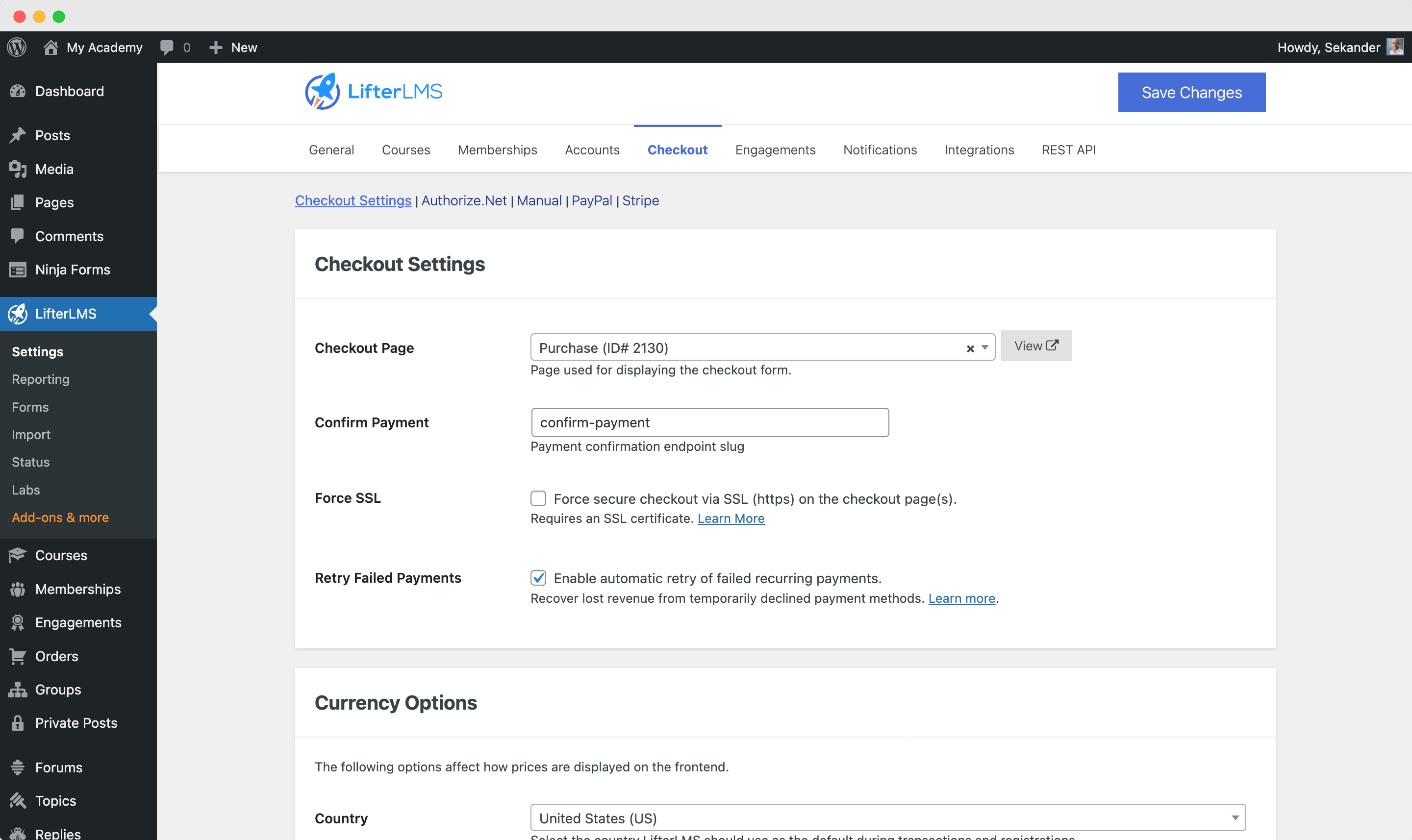 LifterLMS Checkout Settings