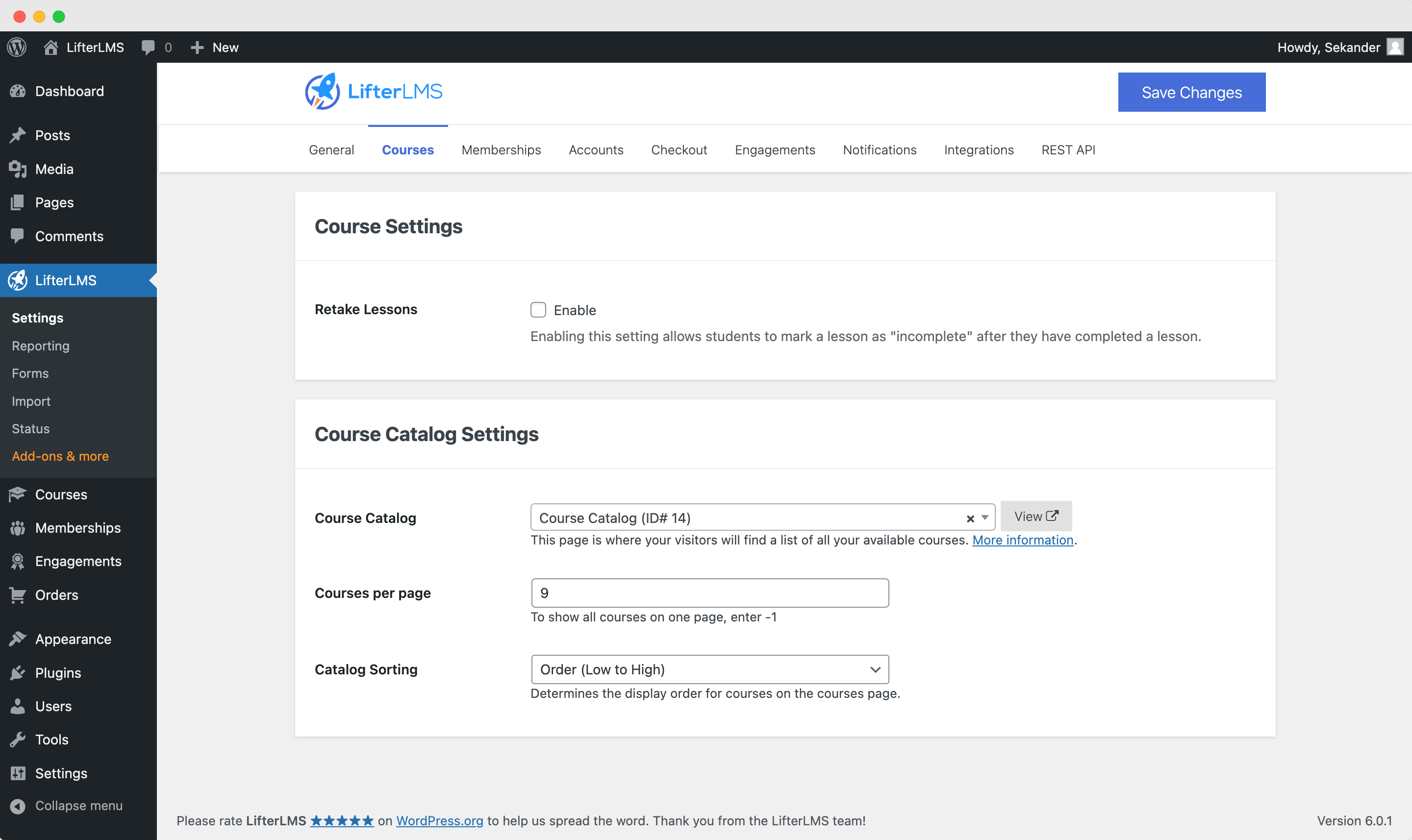 LifterLMS Course Settings Configuration Screen