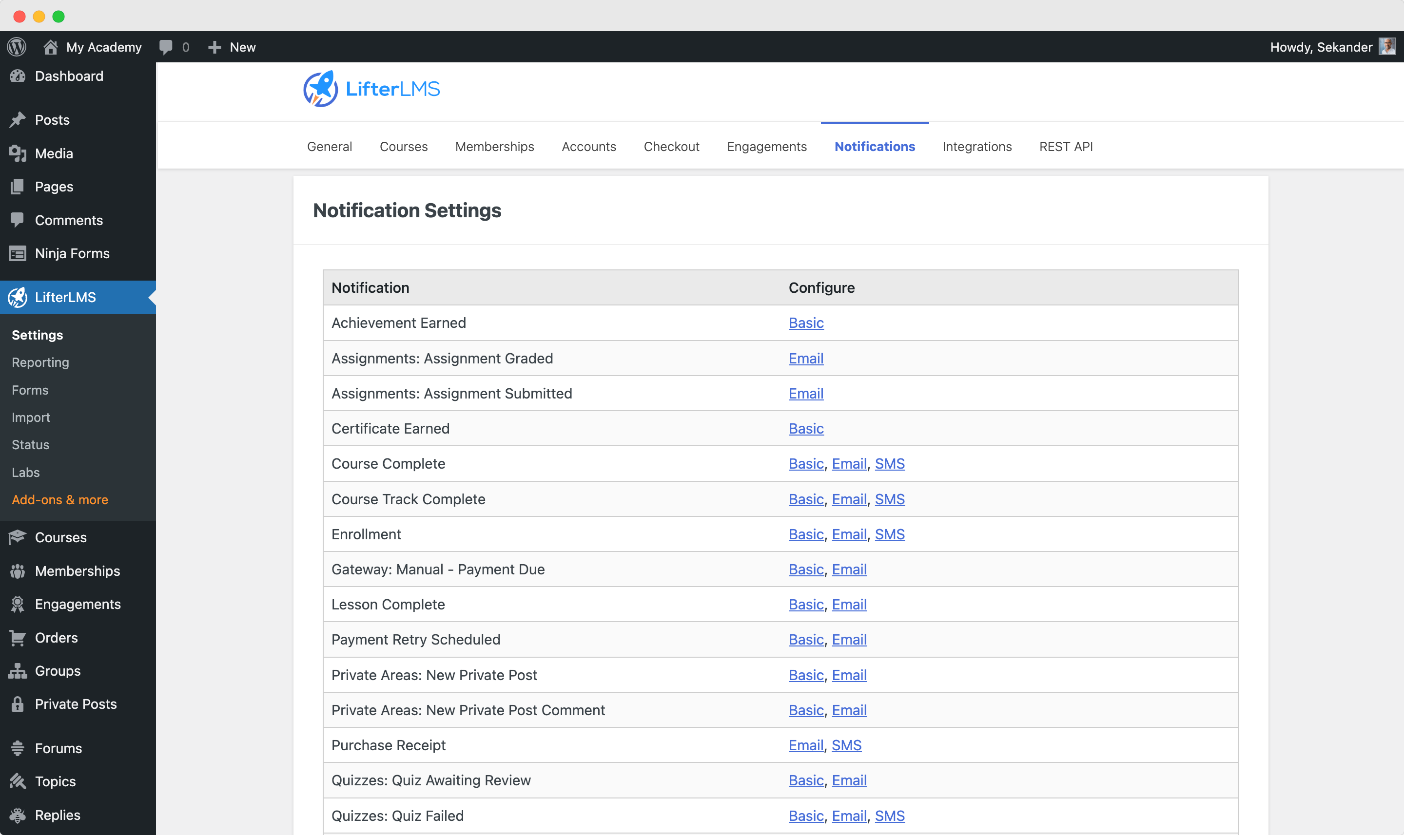 LifterLMS Email and SMS Notification Settings