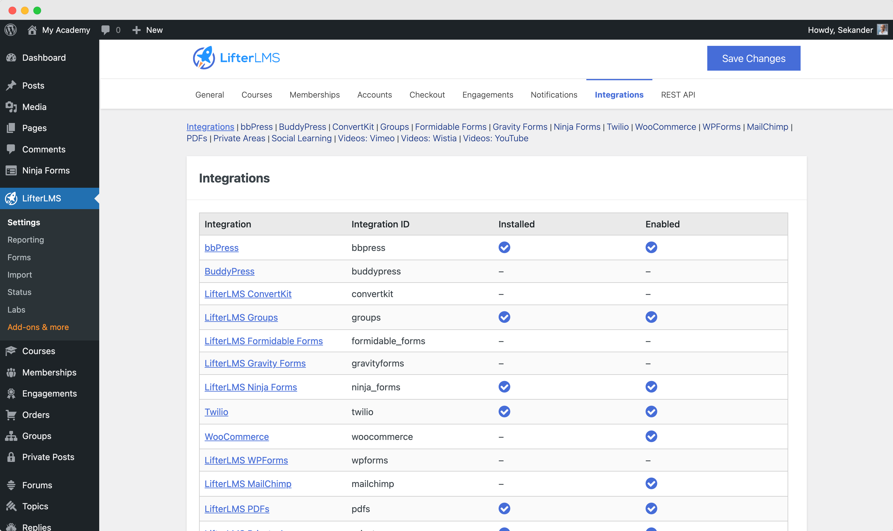 LifterLMS Integrations Configuration