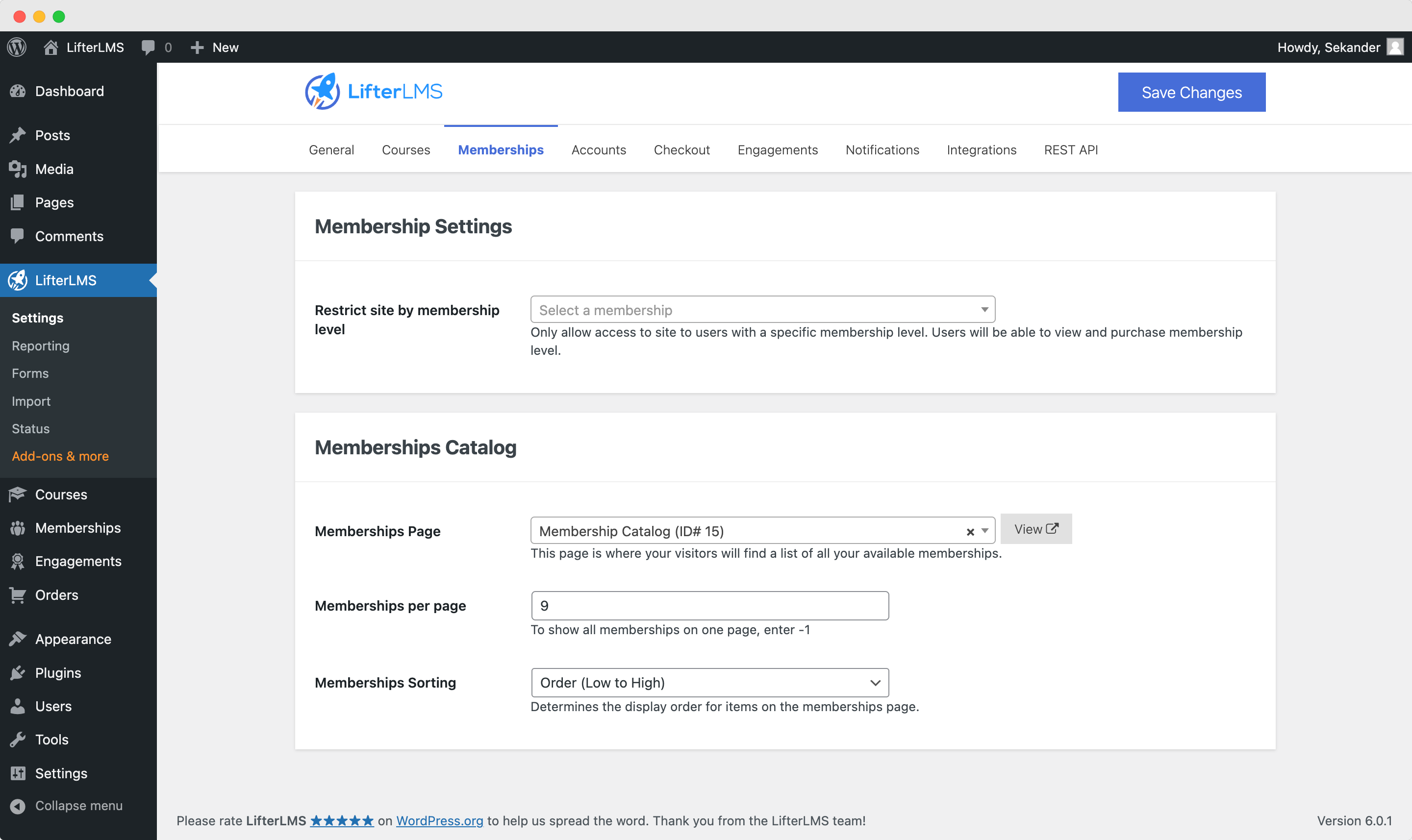 LifterLMS Membership Settings Configuration Screen