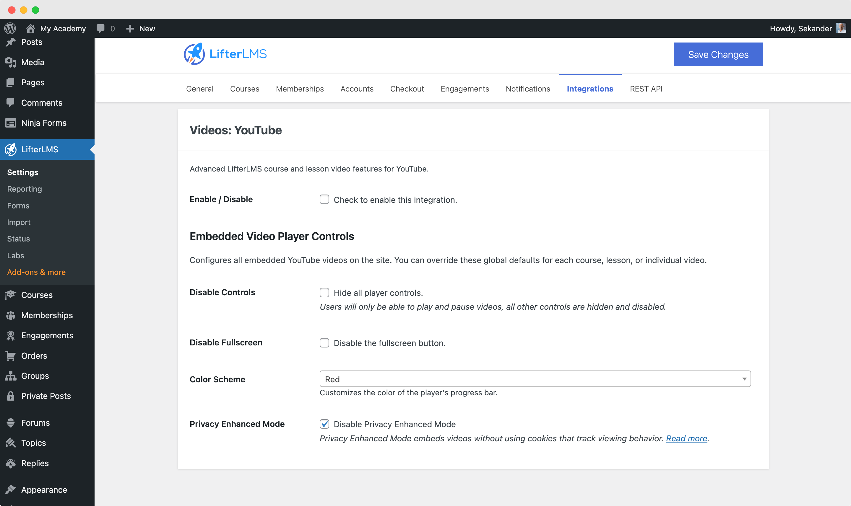 LifterLMS Youtube Integration Setting