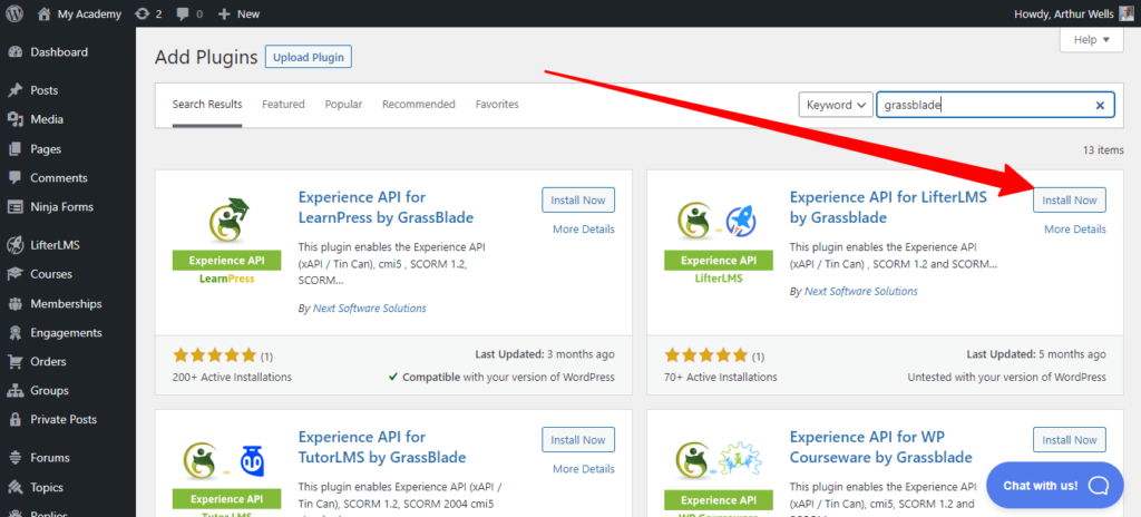 Select Experience API for LifterLMS by Grassblade within the WordPress Repository. xAPI is SCORM. 