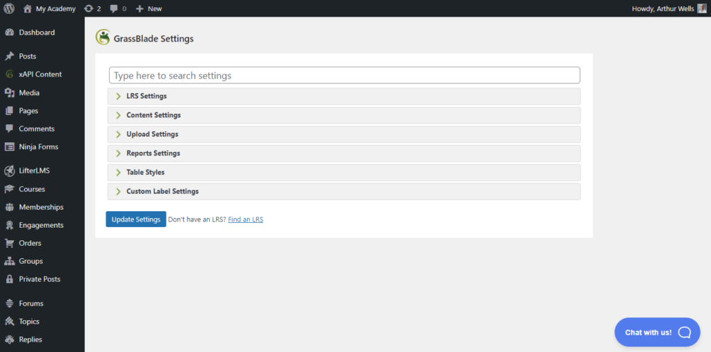 Grassblade settings menu for all things SCORM