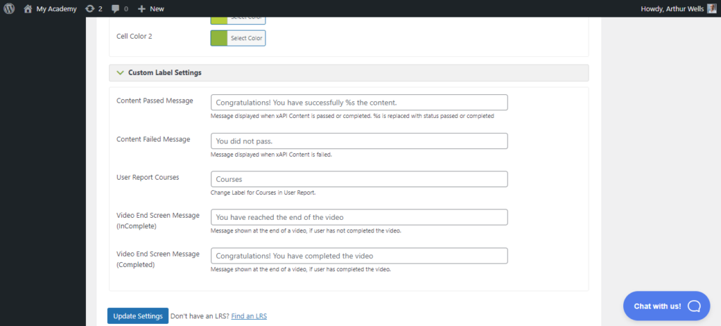 Grassblade main settings screen to display SCORM