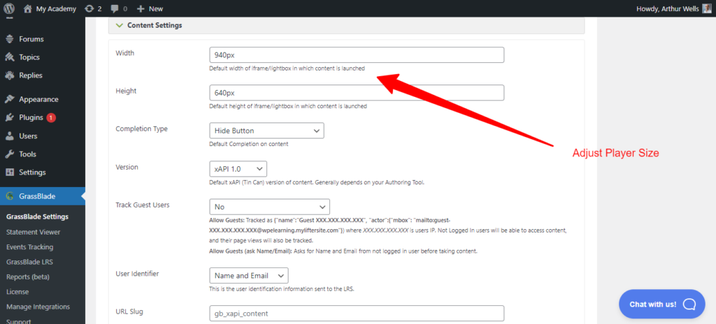Grassblade content settings to display SCORM
