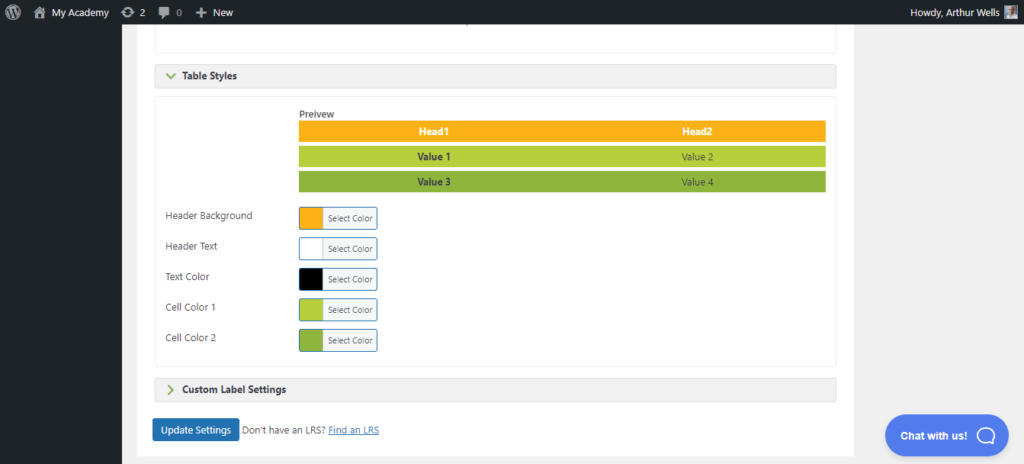 Grassblade appearance settings for your SCORM display