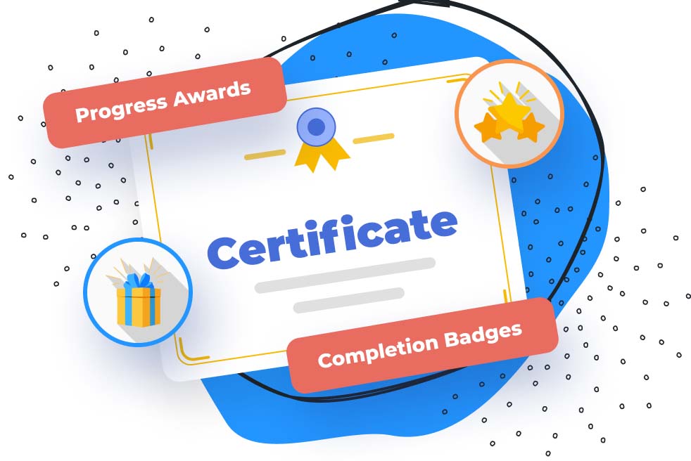 Example graphic with a course completion certificate, badges, and progress awards