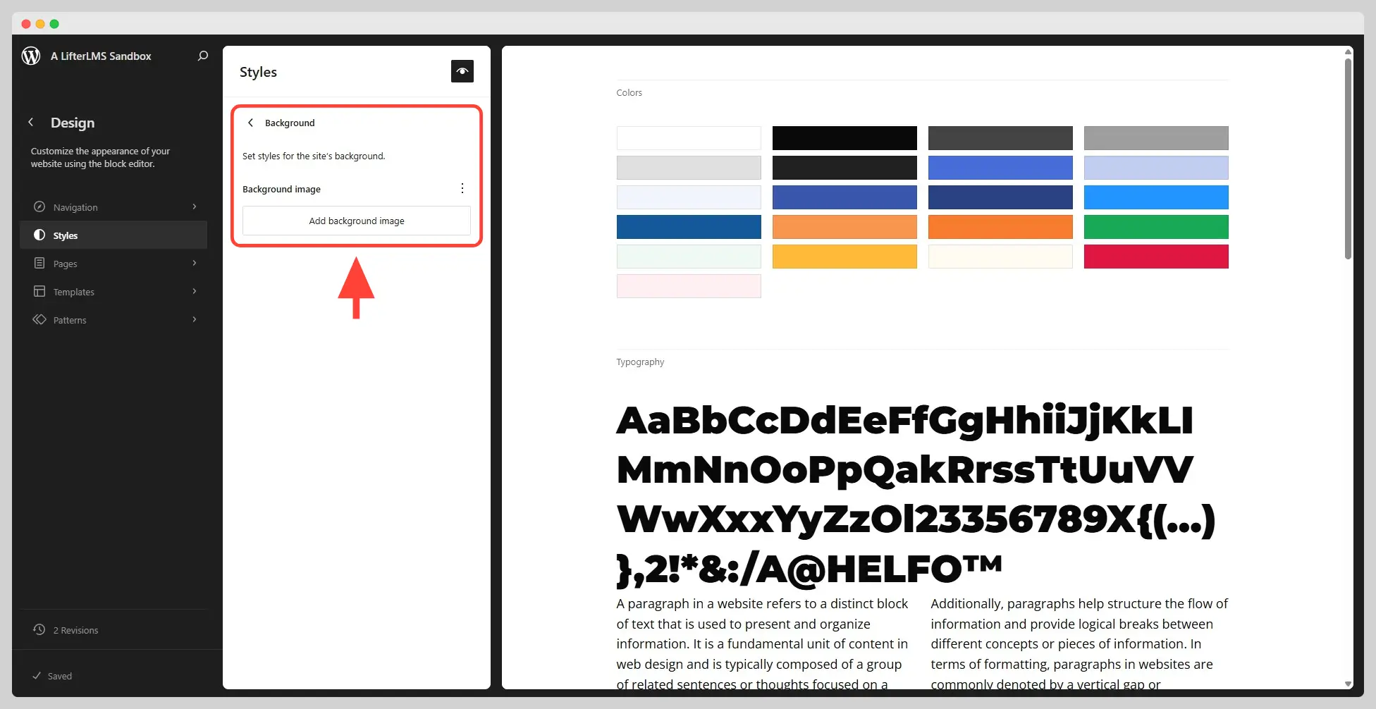 Background section of the Styles section