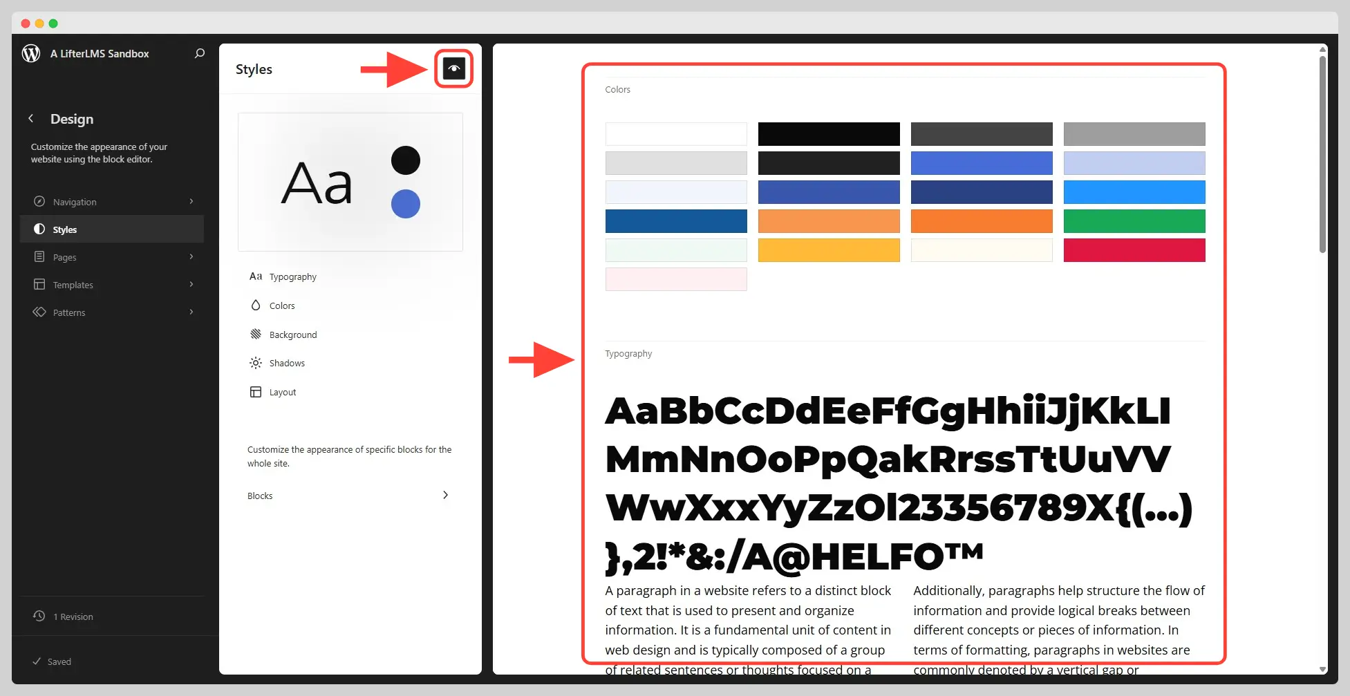Click on the eye icon to open the style book