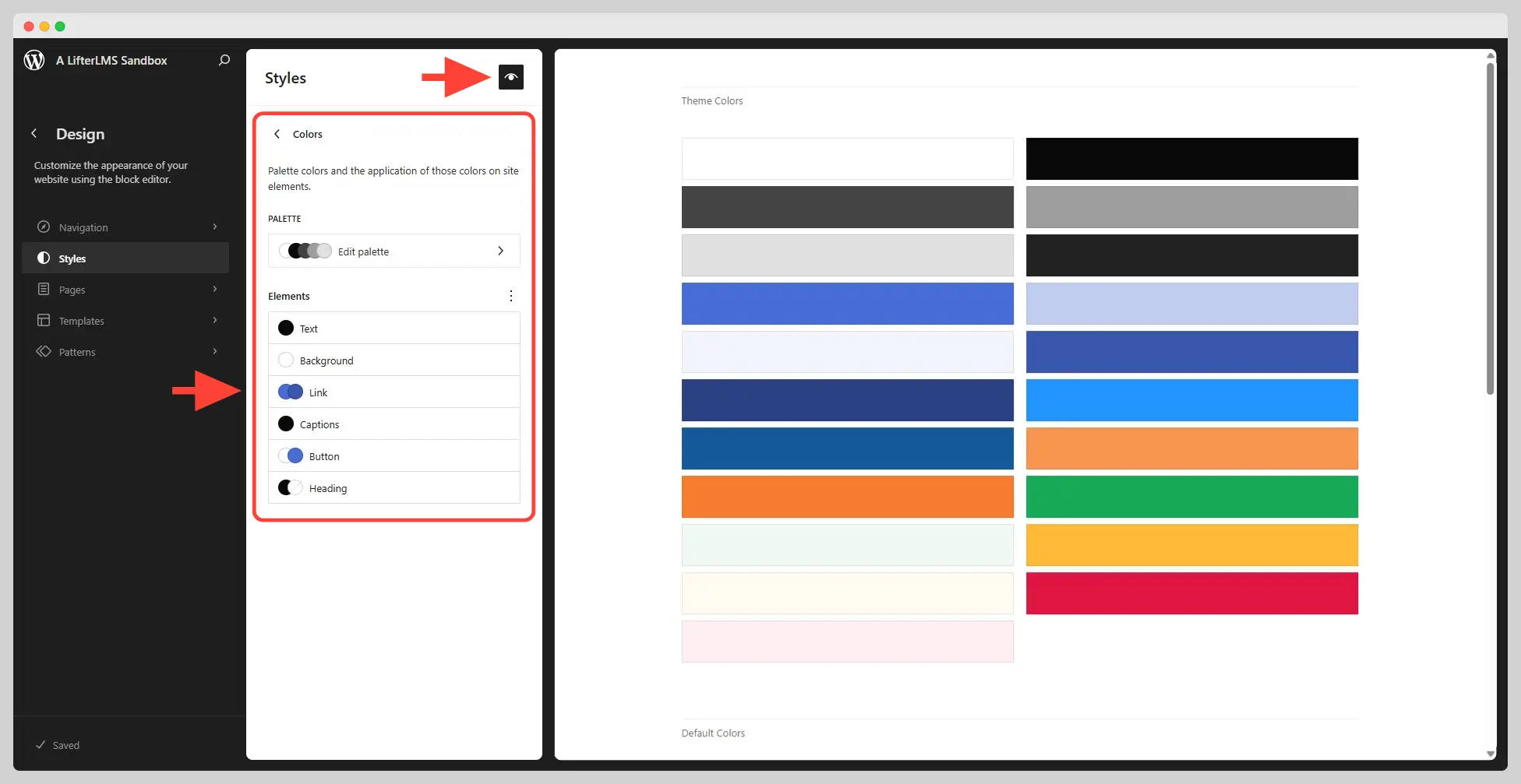 Colors section of the Styles section