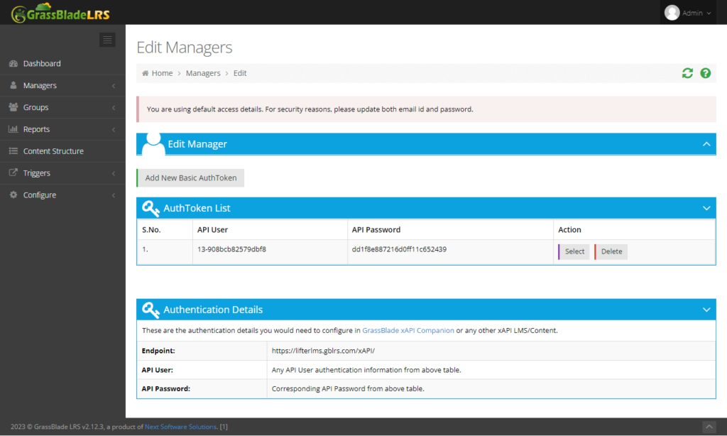 Grassblade LRS API Management Screen