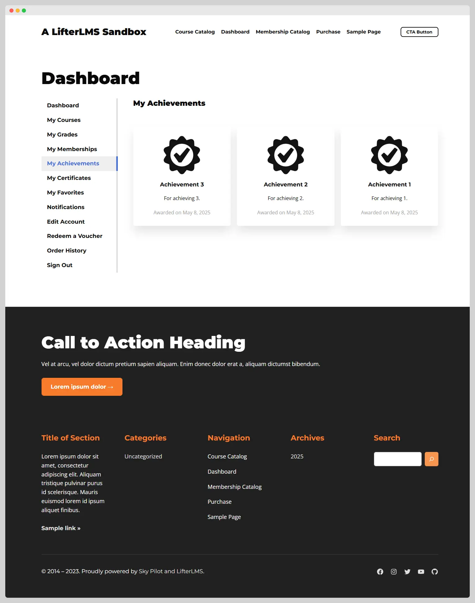 My Achievements section of the student dashboard page