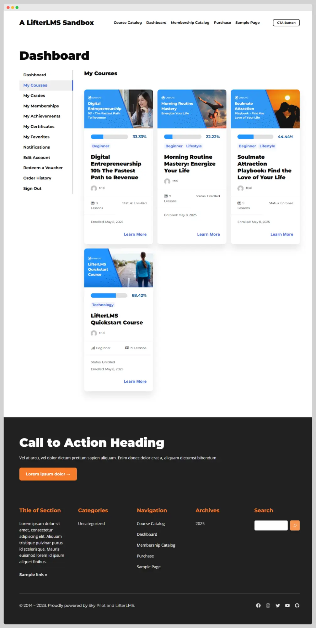 My Courses section of the student dashboard page. This section lists all the courses the student is or was enrolled in