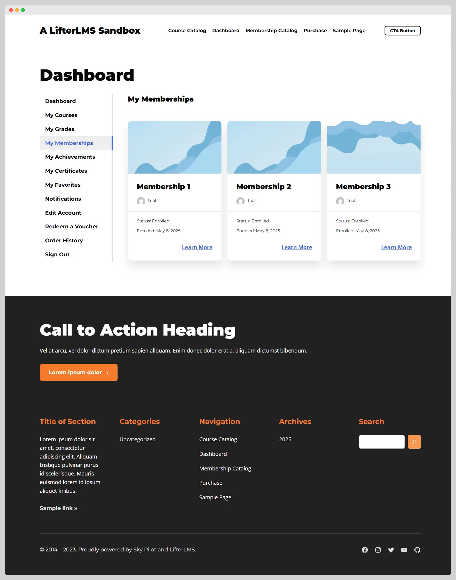 My Memberships section of the student dashboard page