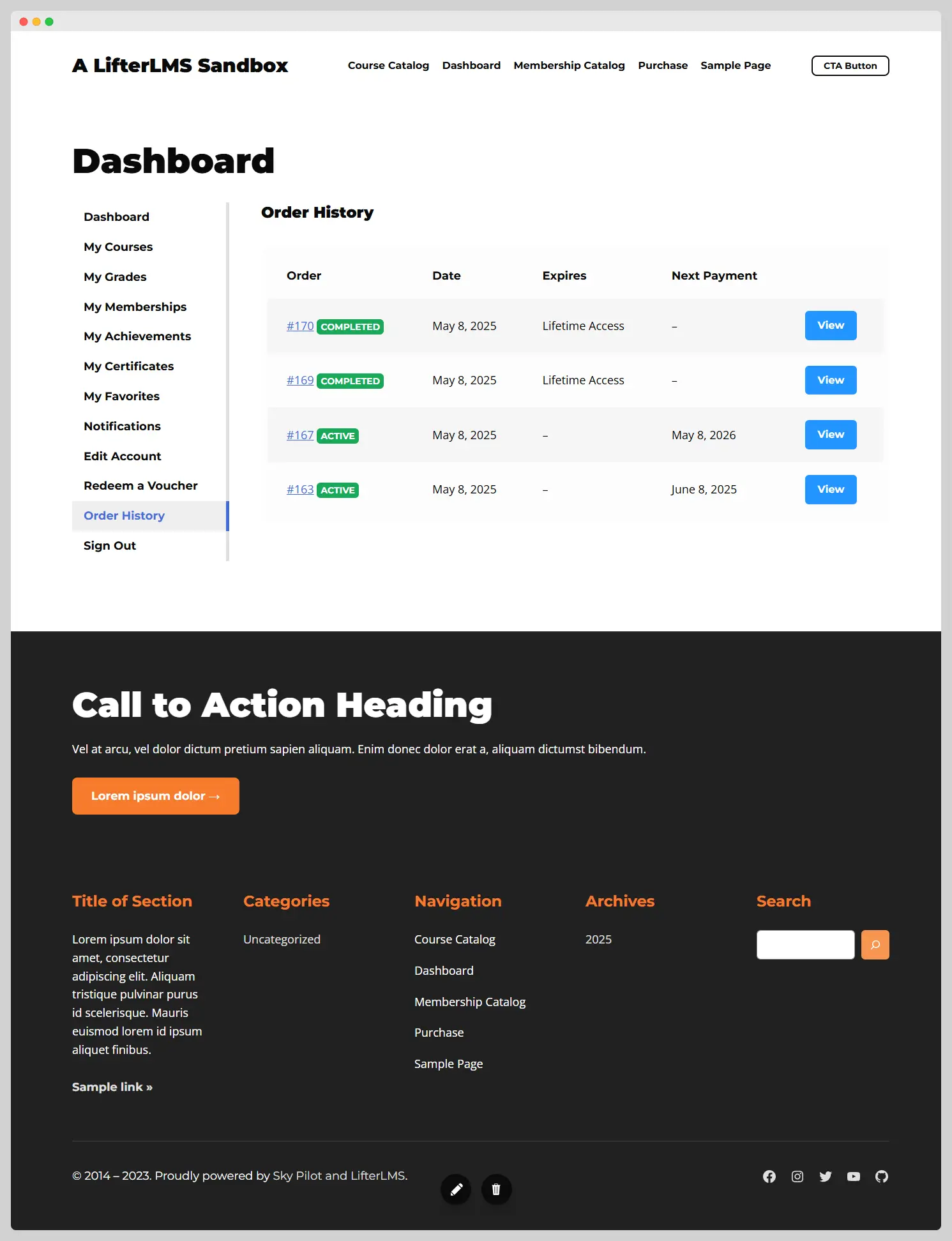 Order History section of the student dashboard page