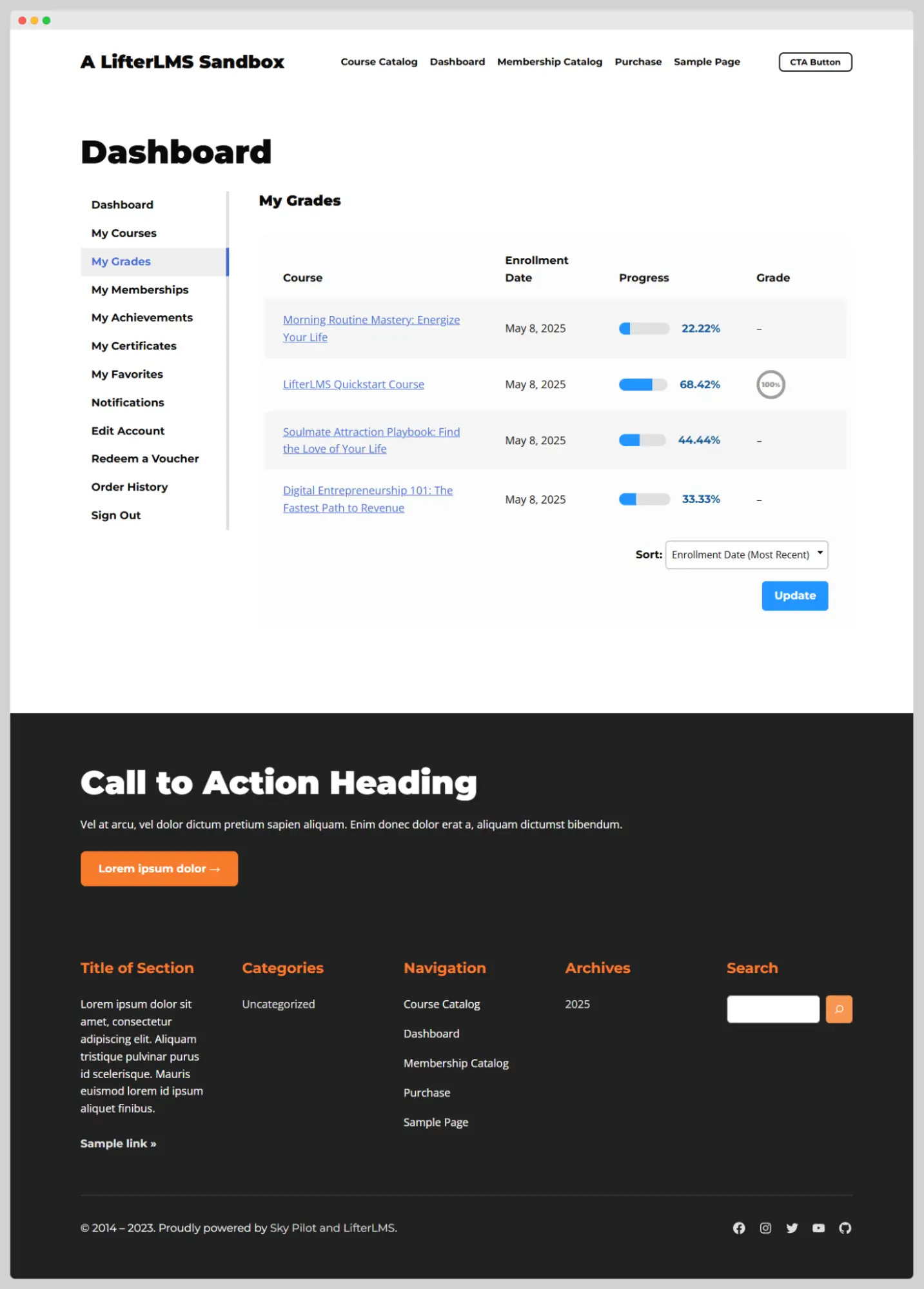 The My Grades section listing the courses the student is enrolled in, as well as the student’s progress for each course