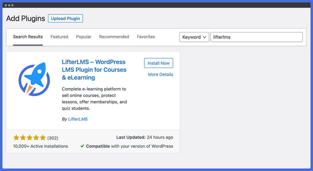 Search for and install the LifterLMS plugin from the WordPress Plugins > Add New screen