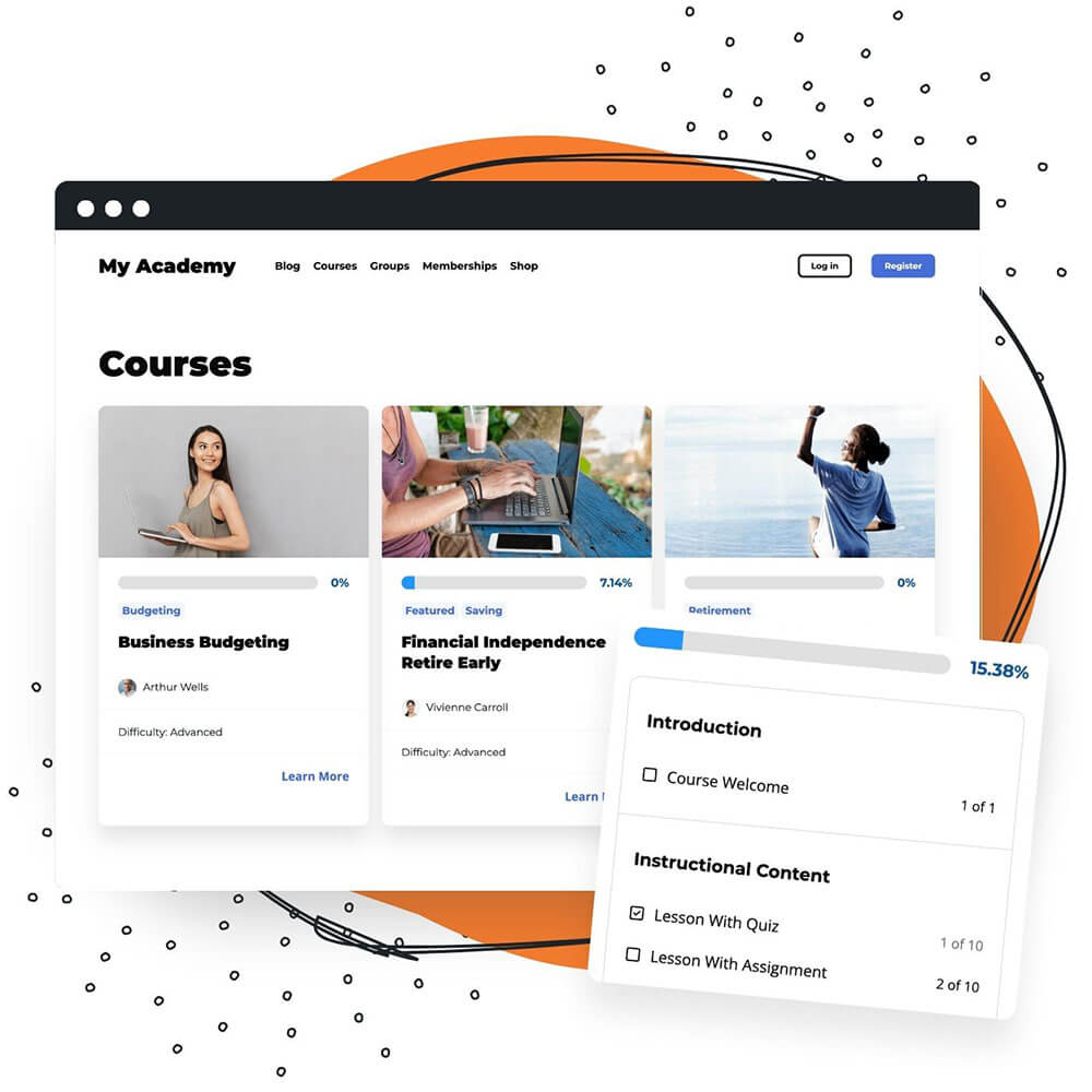 Sky Pilot theme screenshot of the Course Catalog and Single Course Outline Block with LifterLMS
