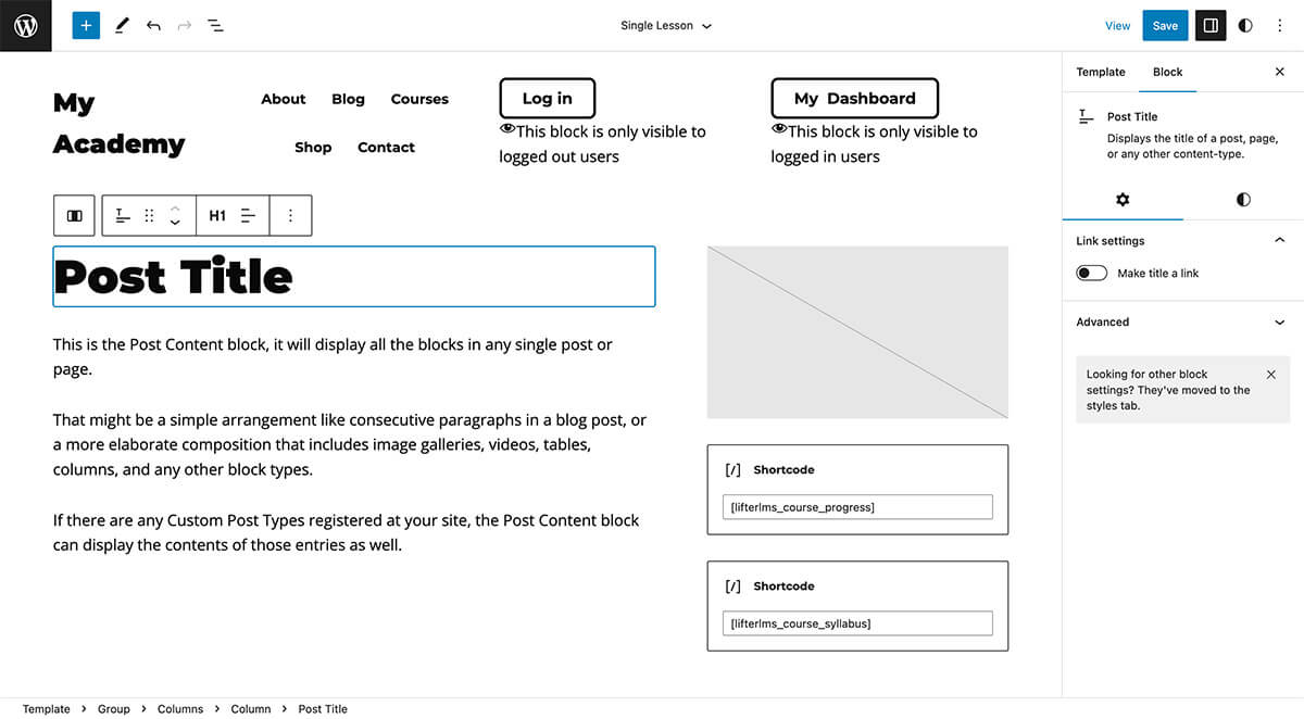Editing the Single LifterLMS Lesson Template in Sky Pilot Theme in WordPress Site Editor