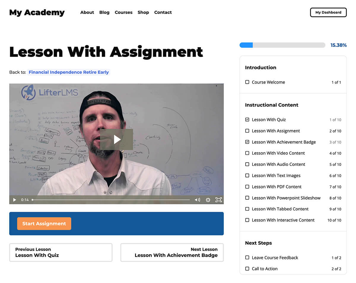 Single LifterLMS Lesson with Assignment Screenshot in the Sky Pilot Theme