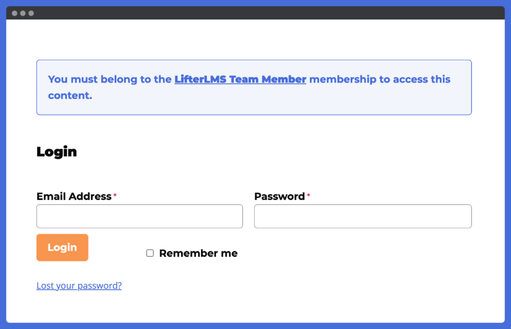 Screenshot of the log in page that all visitors are redirected to for LifterLMS Private Site