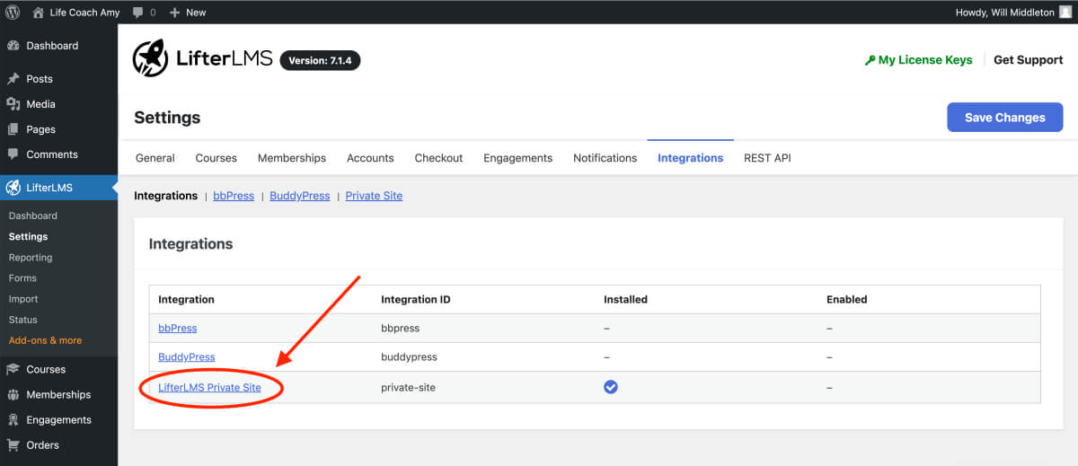 wordpress admin lifterlms settings integrations lifterlms private site