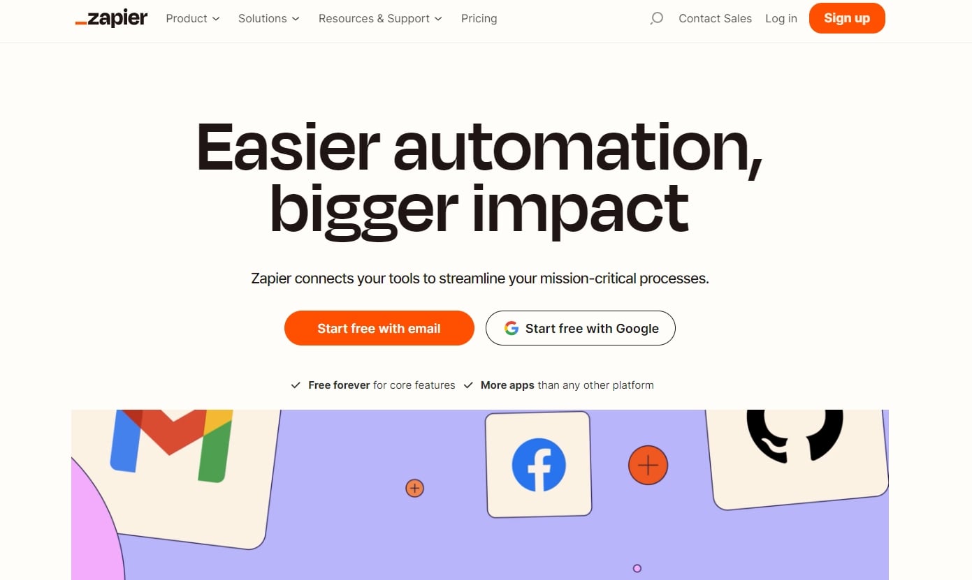 Zapier homepage screenshot automation and integration between websites and software