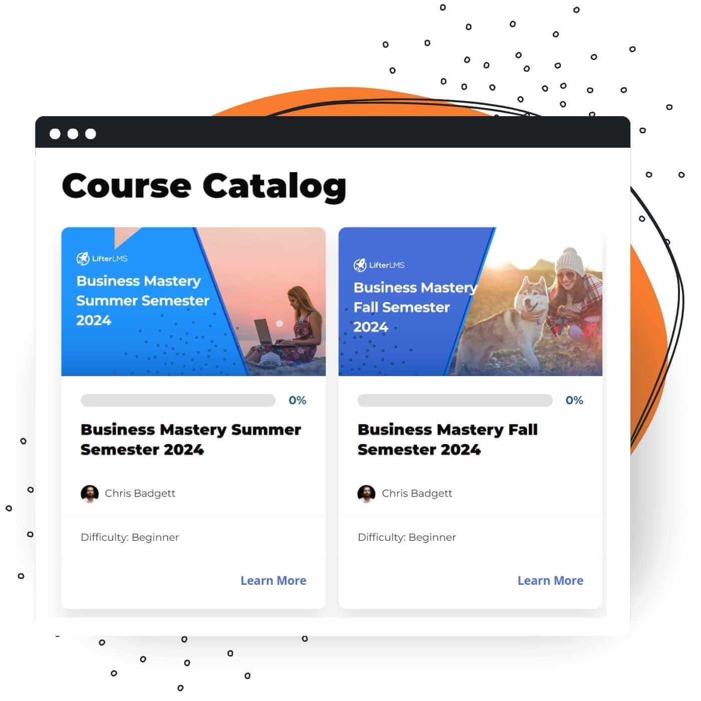 Screnshot of the Course Catalog in LifterLMS with Cohort courses for different semesters