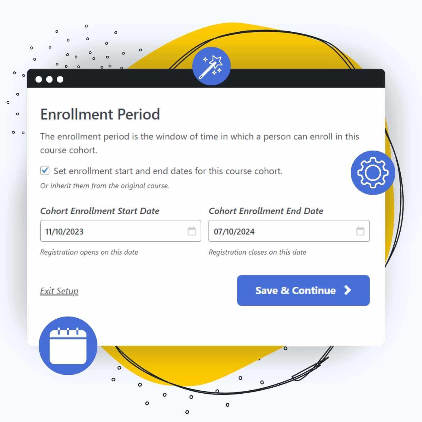 Screenshot of the Cohort Setup Wizard where you define the course enrollment period with LifterLMS and the Cohorts Add-on