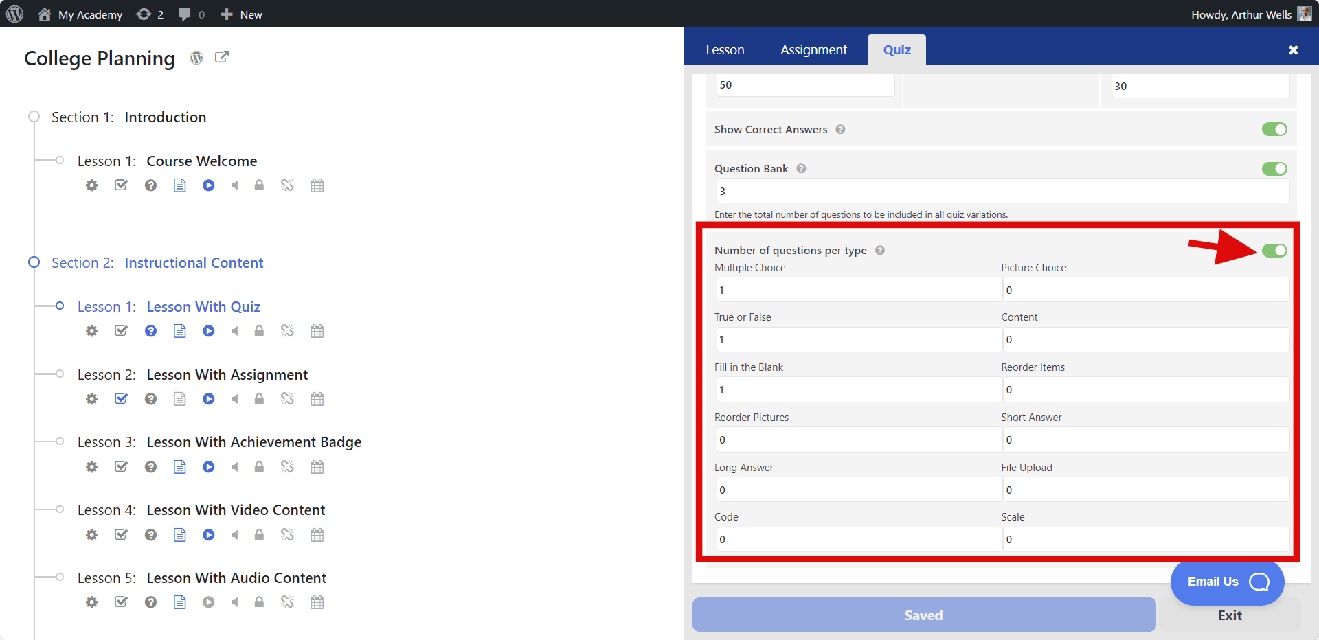 LifterLMS Question Bank Number of Question Type