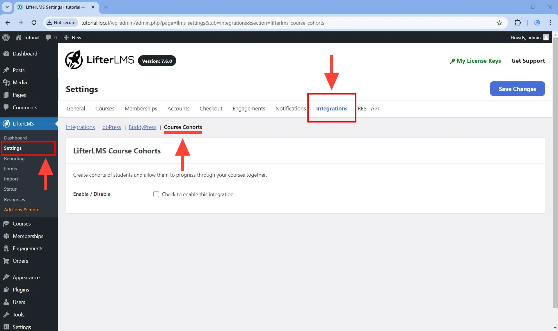 Open the Course Cohorts settings page.