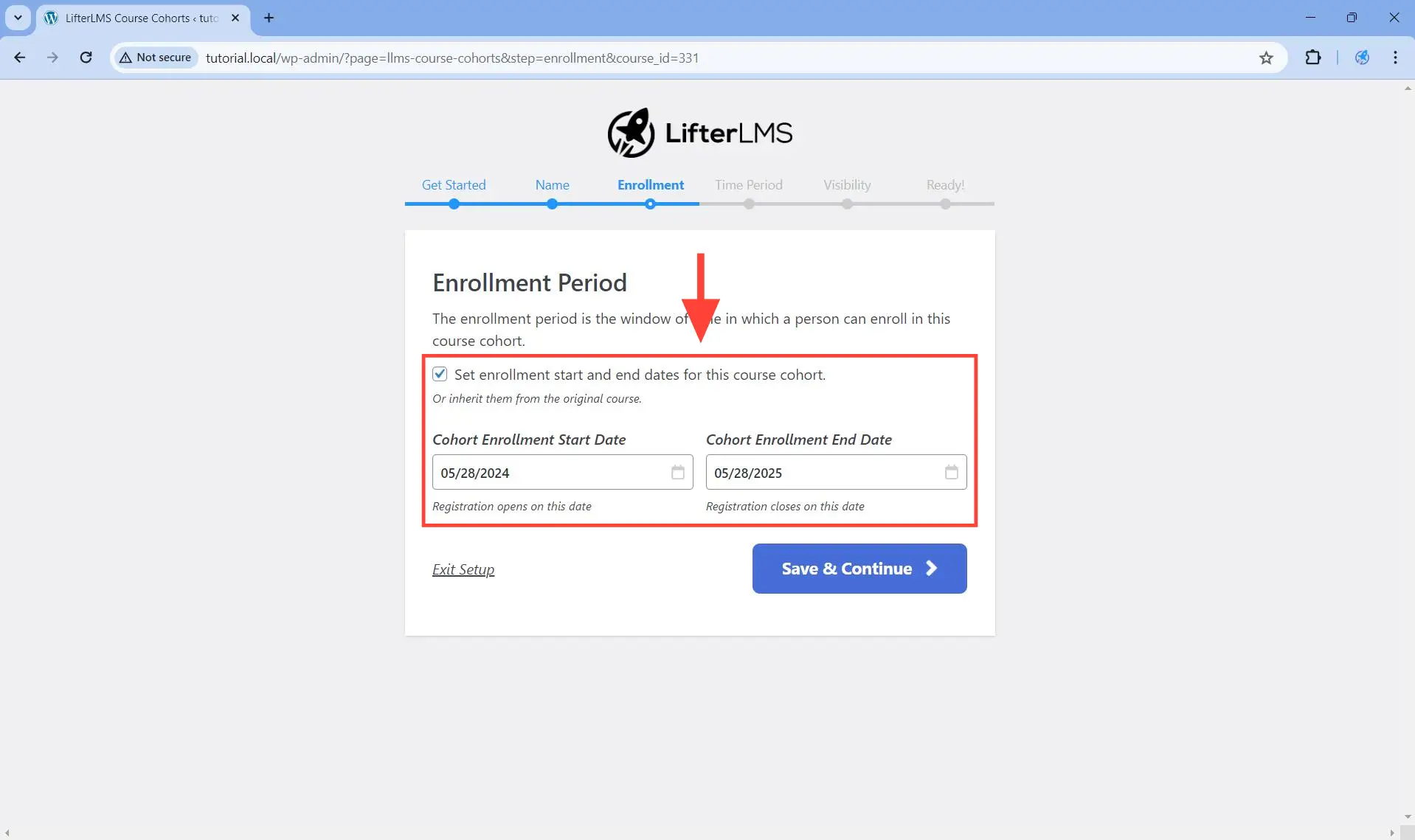 Specify an enrollment period with start and end dates