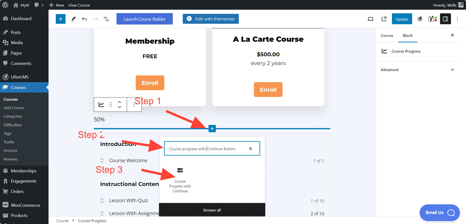 LifterLMS Course Progress with Continue Button Block Add