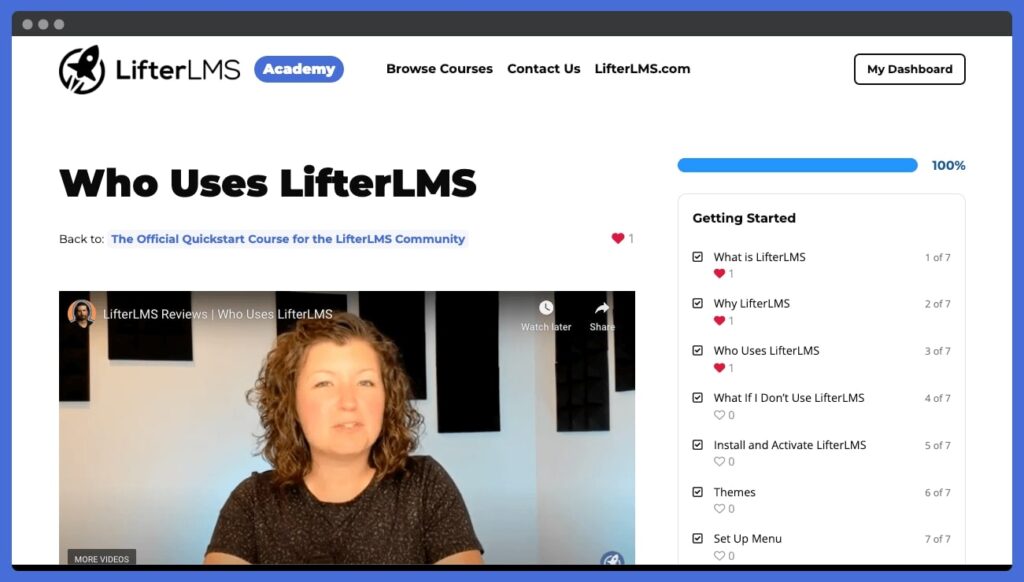 A course in LifterLMS demonstrating lesson favorites.