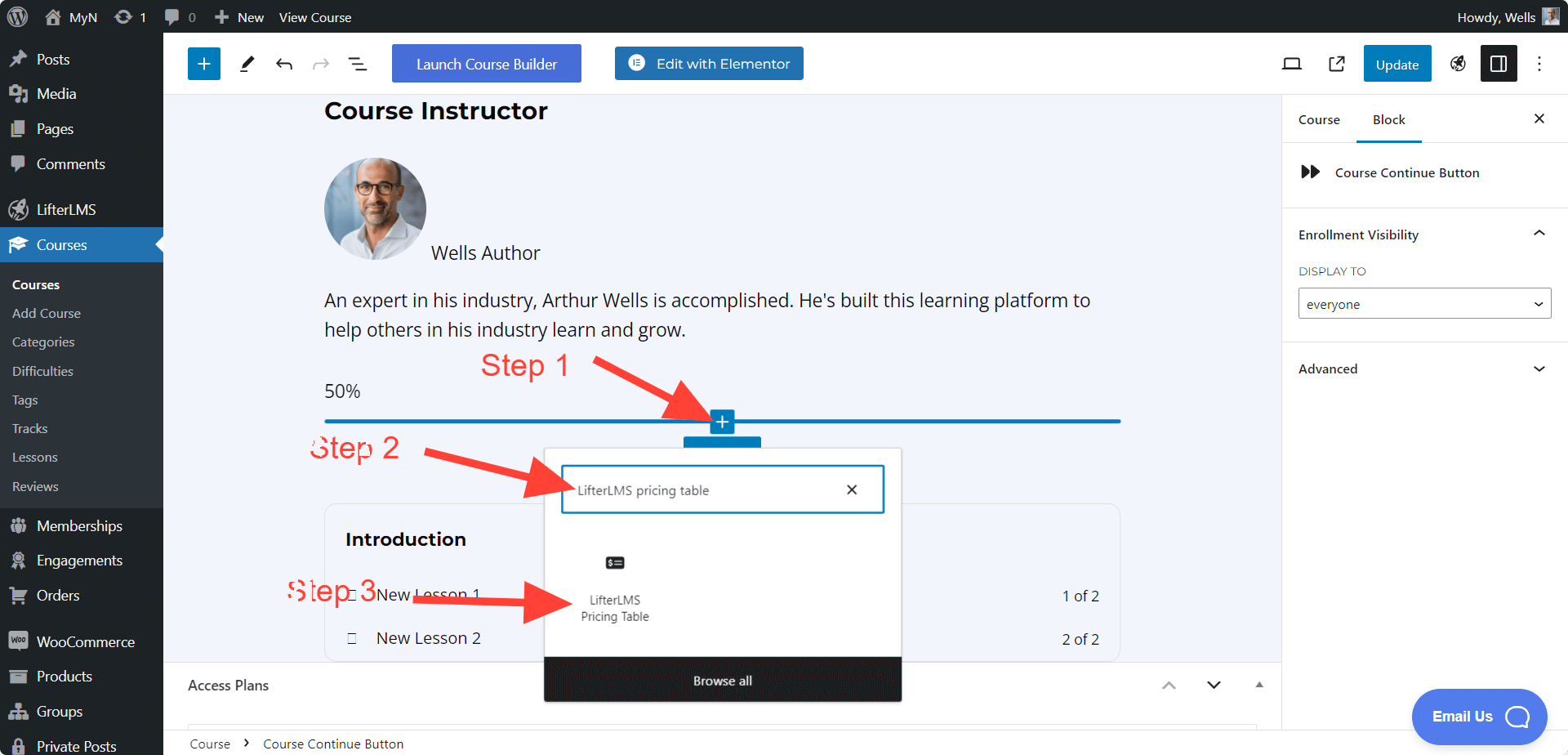 LifterLMS Pricing Table Block Adding Process