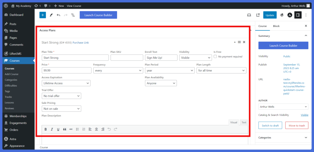 LifterLMS Access Plan for course website