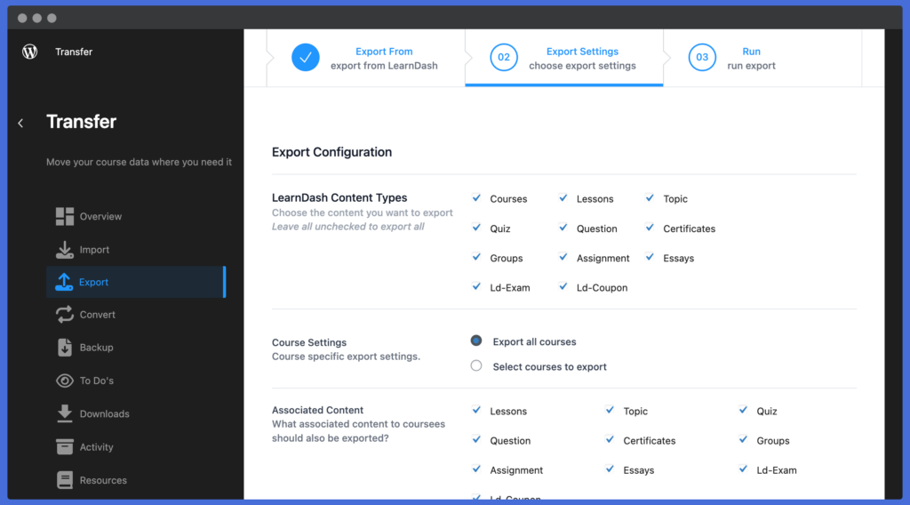 Learndash migration - Export from Learndash using Transfer