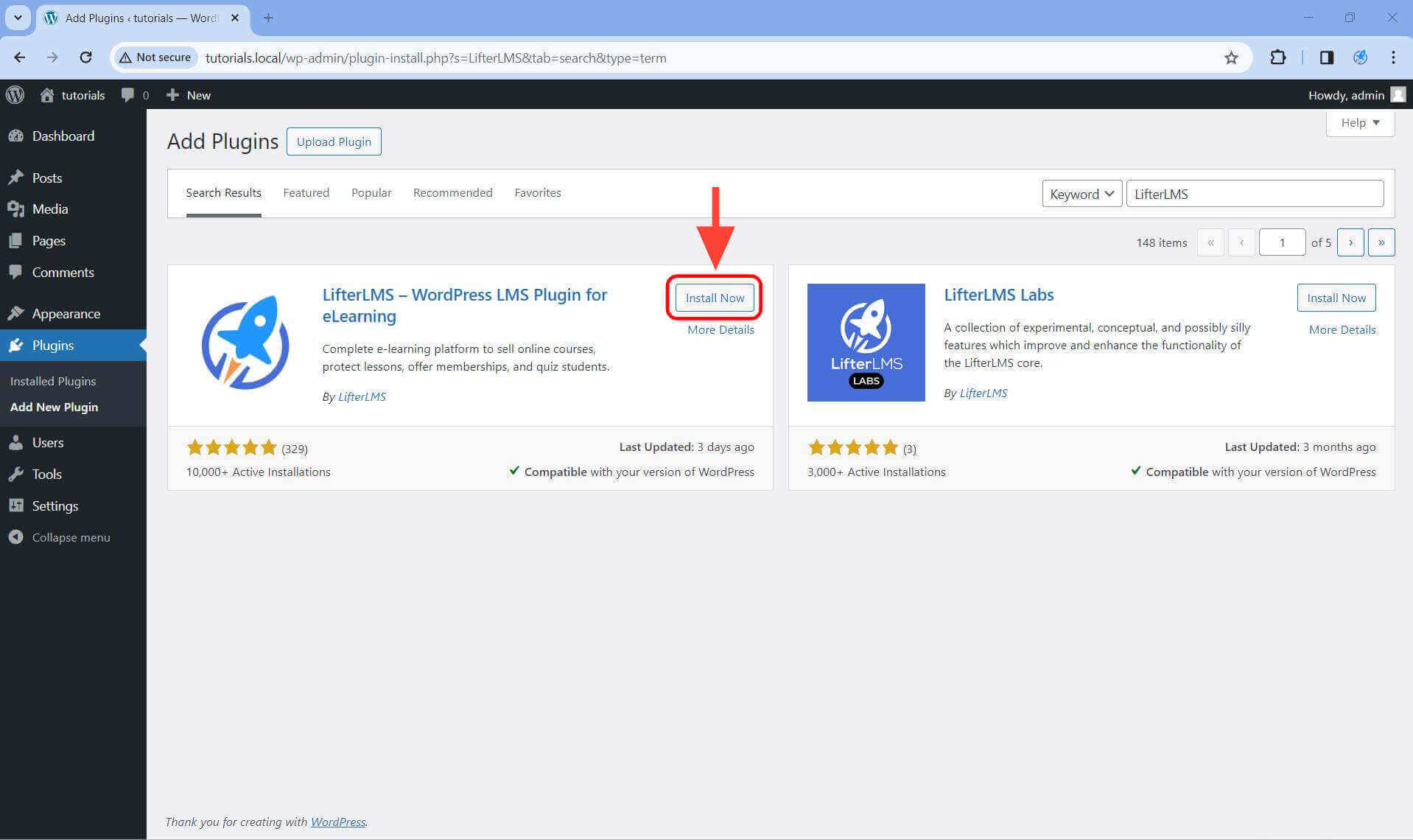 On the search results, locate LifterLMS and click Install Now.