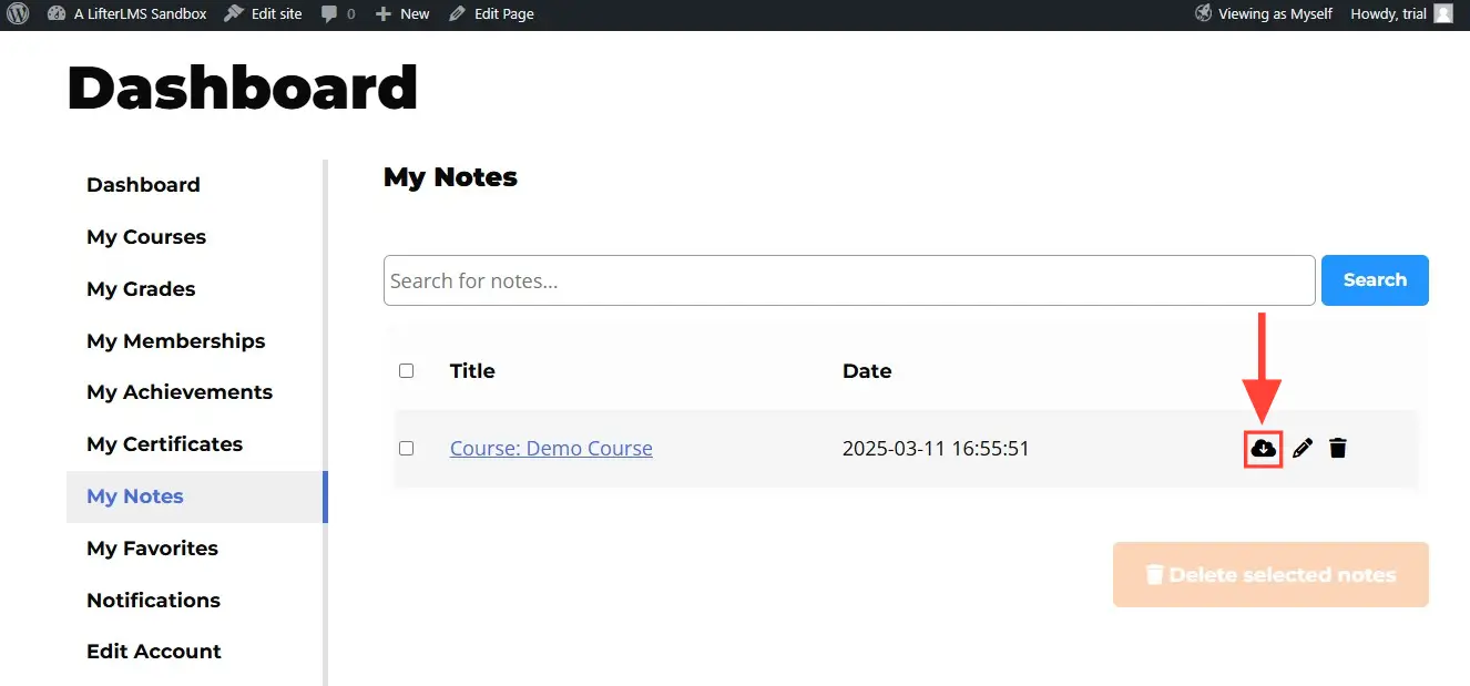 Click on the download icon next to the note that you wish to download