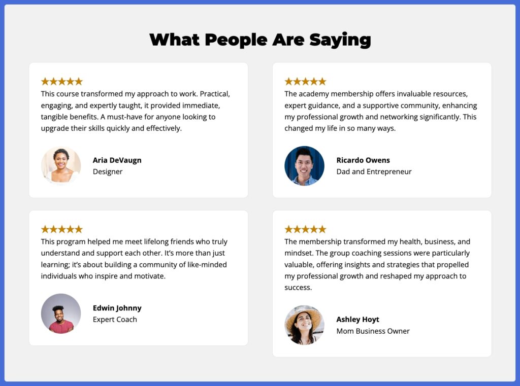 testimonials in course sales page builder called Aircraft by LifterLMS