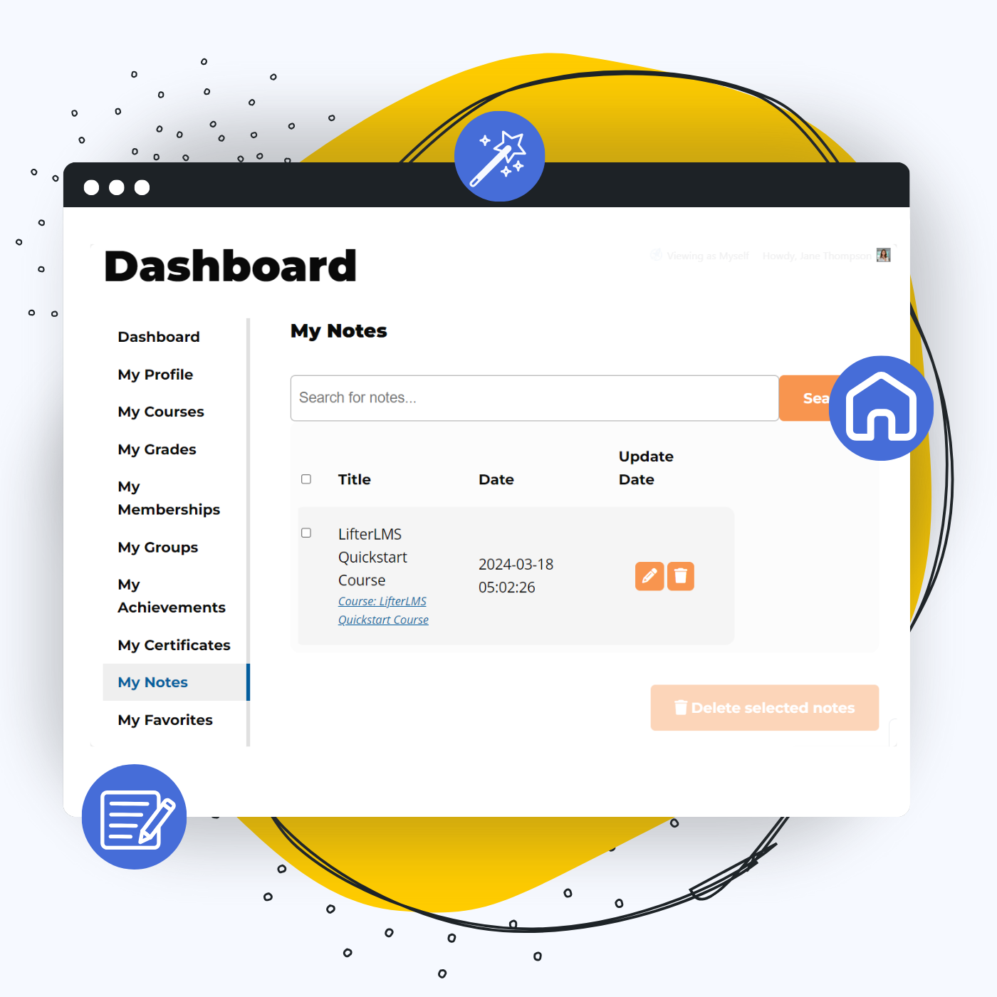 Screenshot of LifterLMS Notes add-on dashboard from where you can access your notes