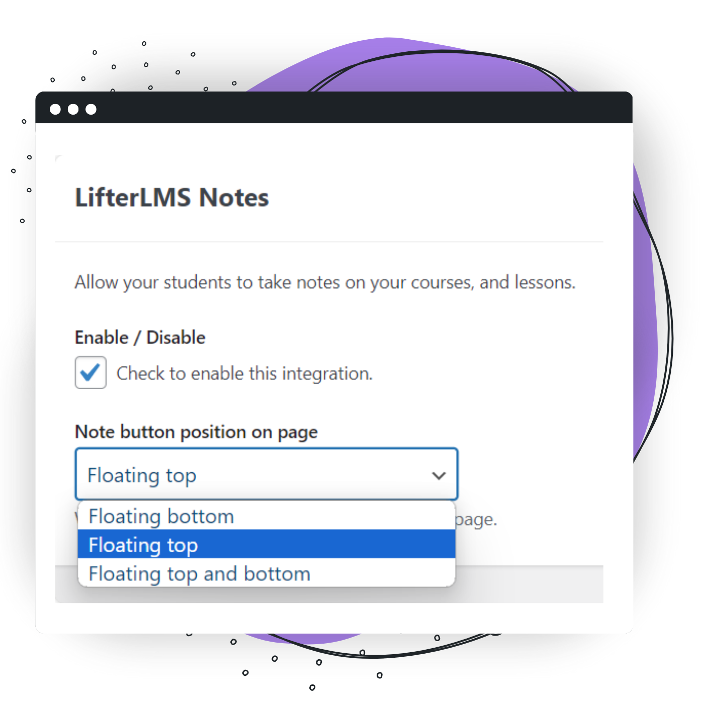 Screenshot of LifterLMS Notes settings