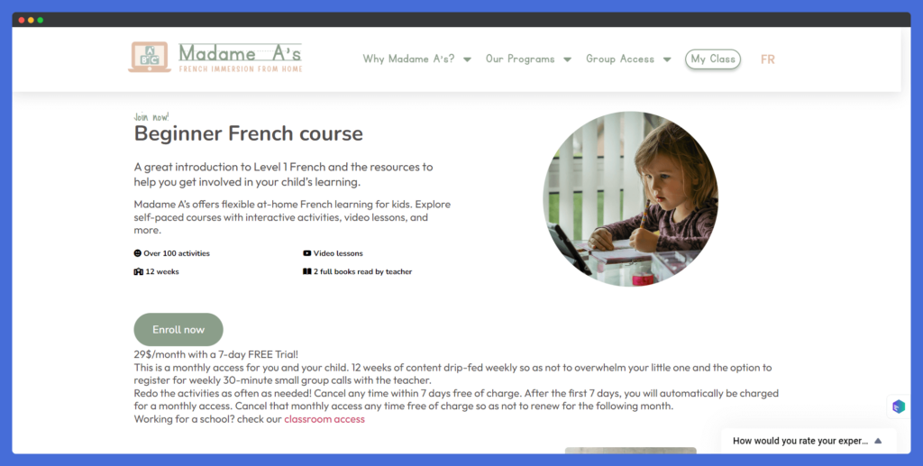 Screenshot of Madame Alexa's French Learning Website's Single Course Page