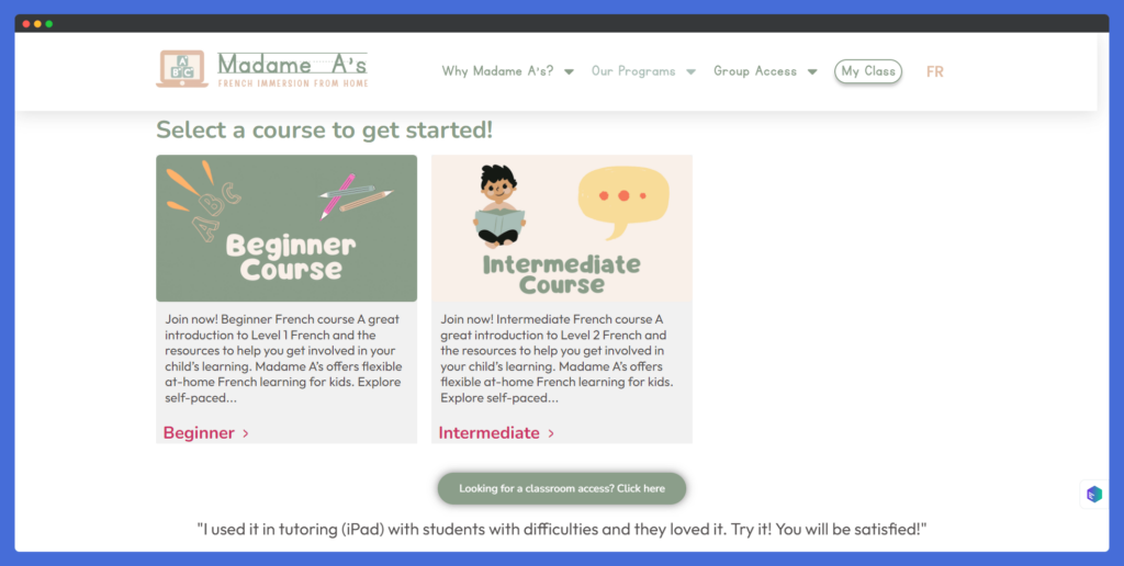 Screenshot of Madame Alexa's French Learning Website's Courses Page