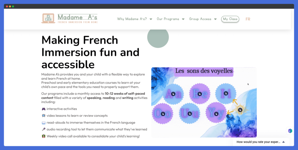 Screenshot of Madame Alexa's French Learning Website's Home page