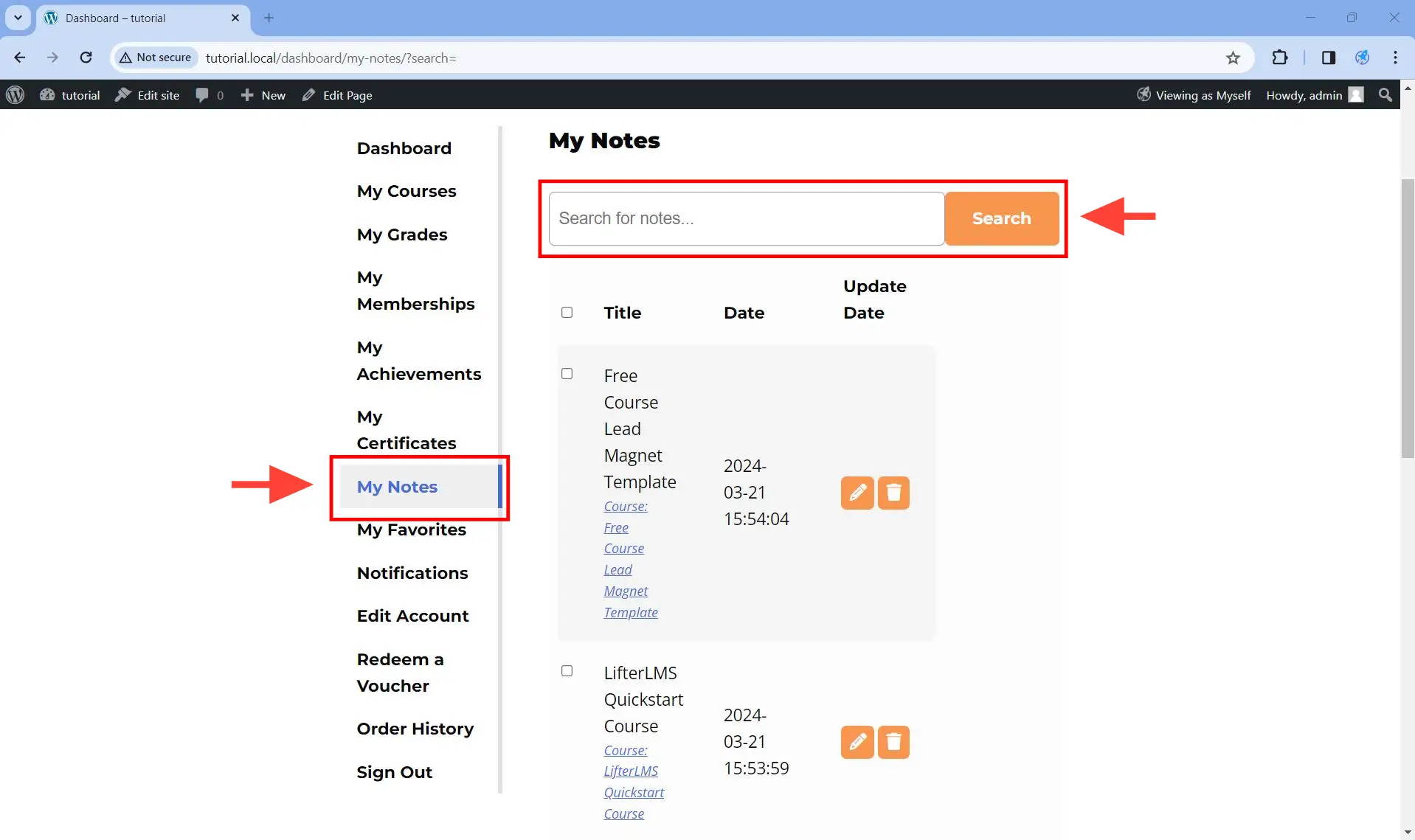 Nagivate to the My Notes section of the student dashboard page and locate the Search for notes... field.
